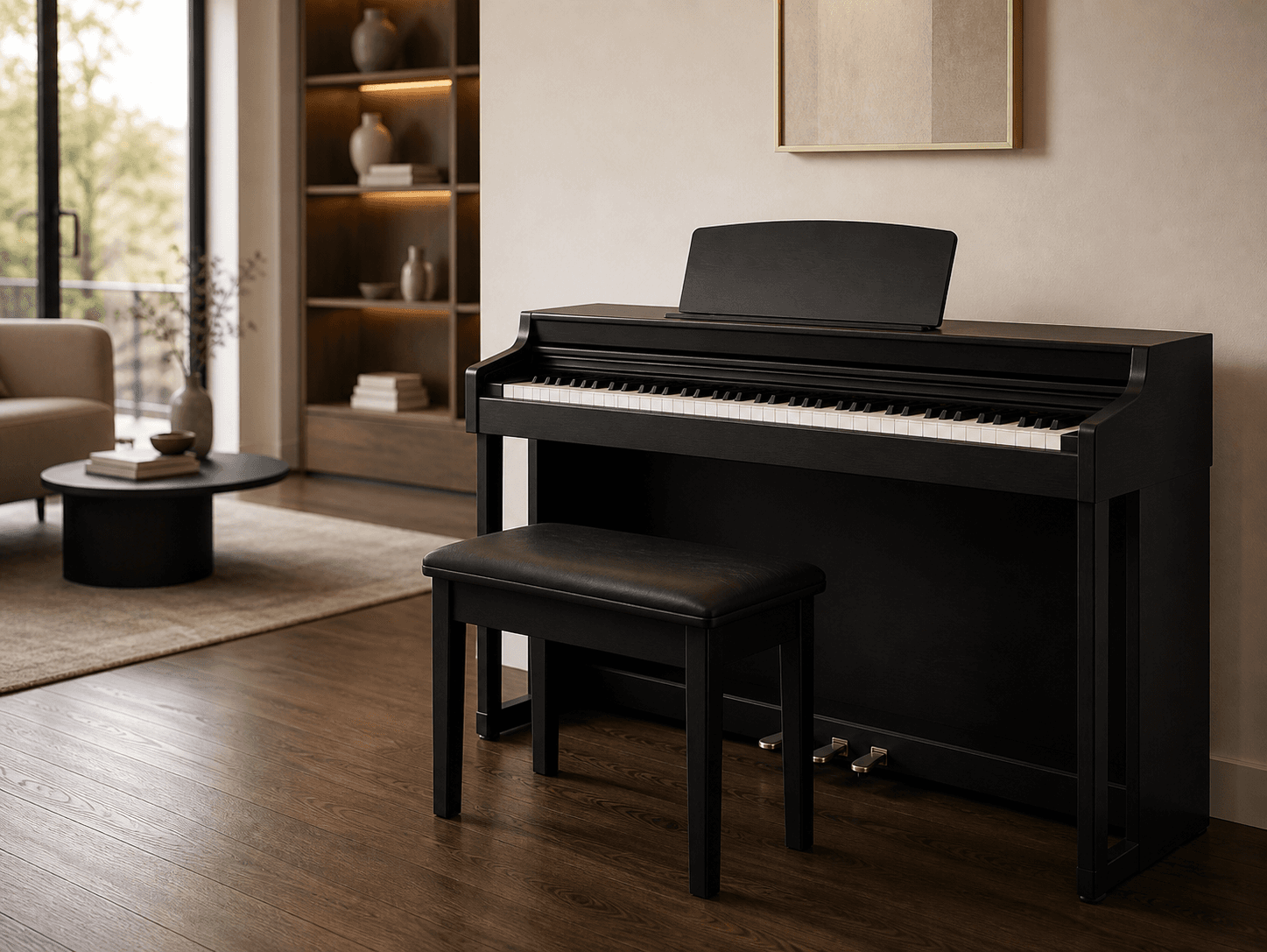 Digitální piano v moderním bytovém interiéru