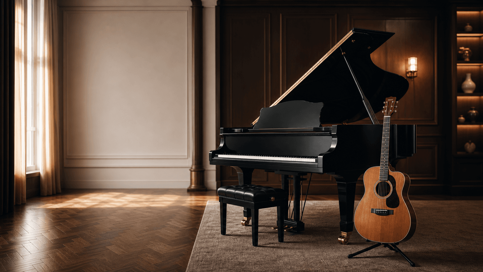 Elegantní prostor s koncertním pianem a kytarou pro výběr kvalitního nástroje