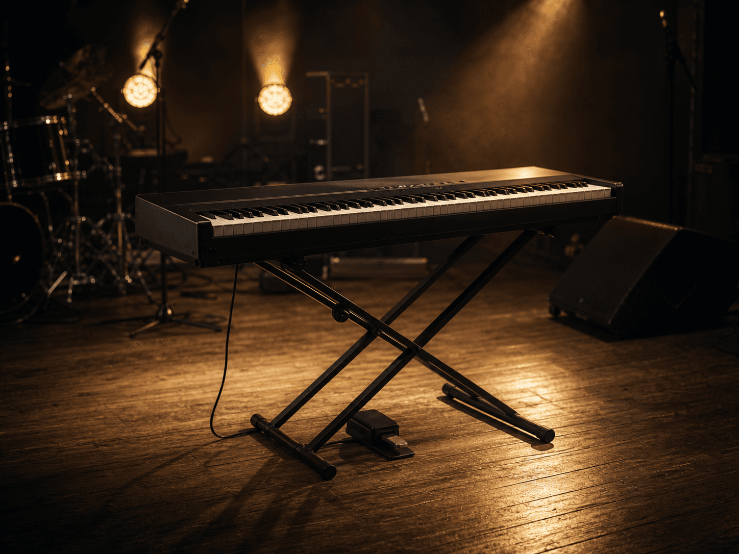 Stage piano na pódiu připravené pro živé hraní